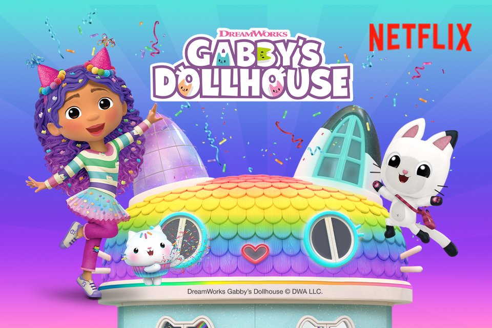A poster of Gabby's Dollhouse characters in with party streamers falling on the screen.