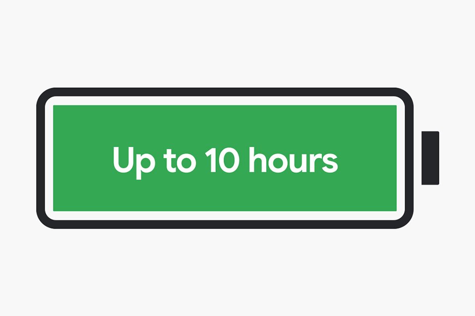 A green battery logo showing up to 10 hours of charge.