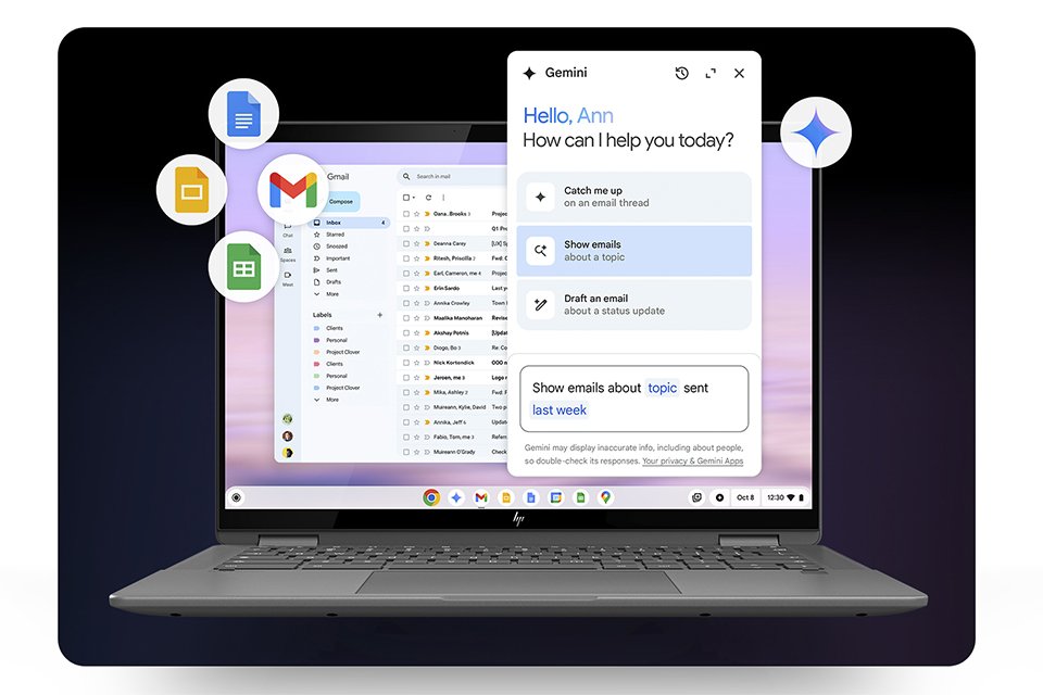 Gemini UI on a Chromebook screen with multiple Google apps open.