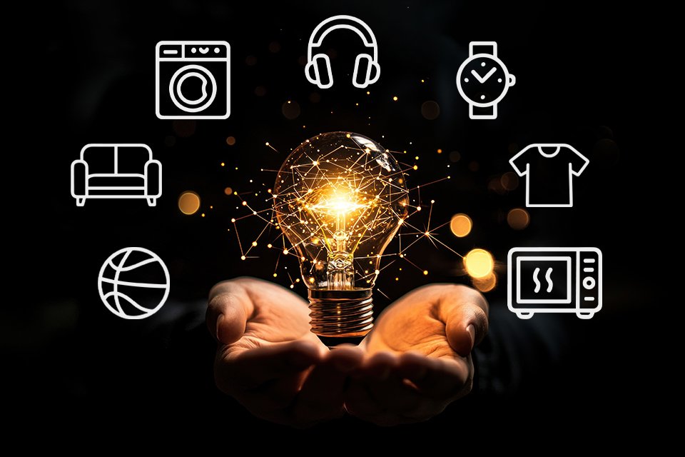A person holding a bulb with icons around it depicting different home and lifestyle products. 