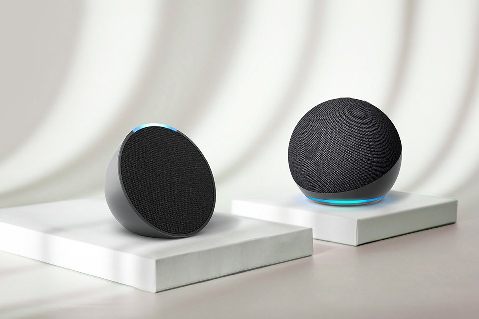 Amazon Echo Dot and Echo Pop smart speakers displayed against a white background.