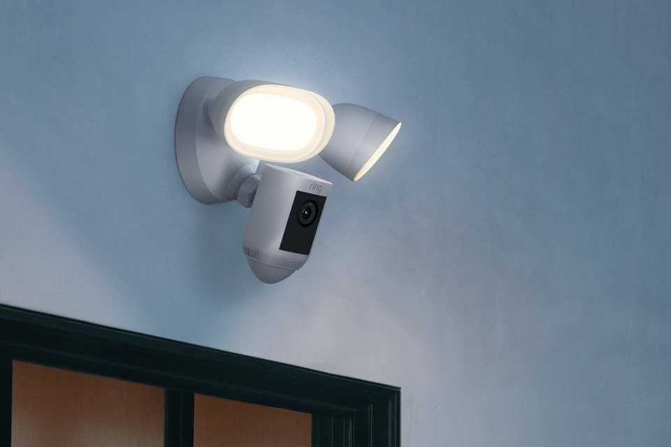 Ring Floodlight camera wired pro installed on a wall. 
