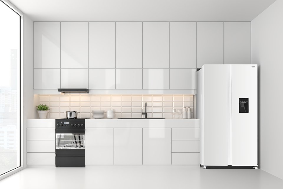 Bush MSBSWTDW23E American Fridge Freezer in white colour placed in a kitchen.