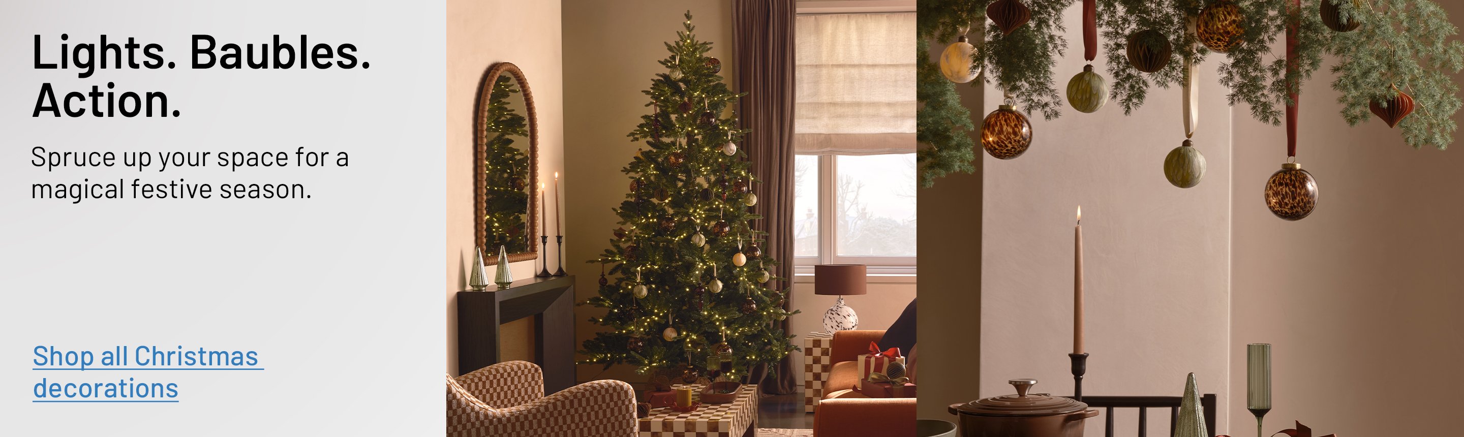 Christmas decorations on a dining table and a living room with Christmas tree, gifts and festive home decor.