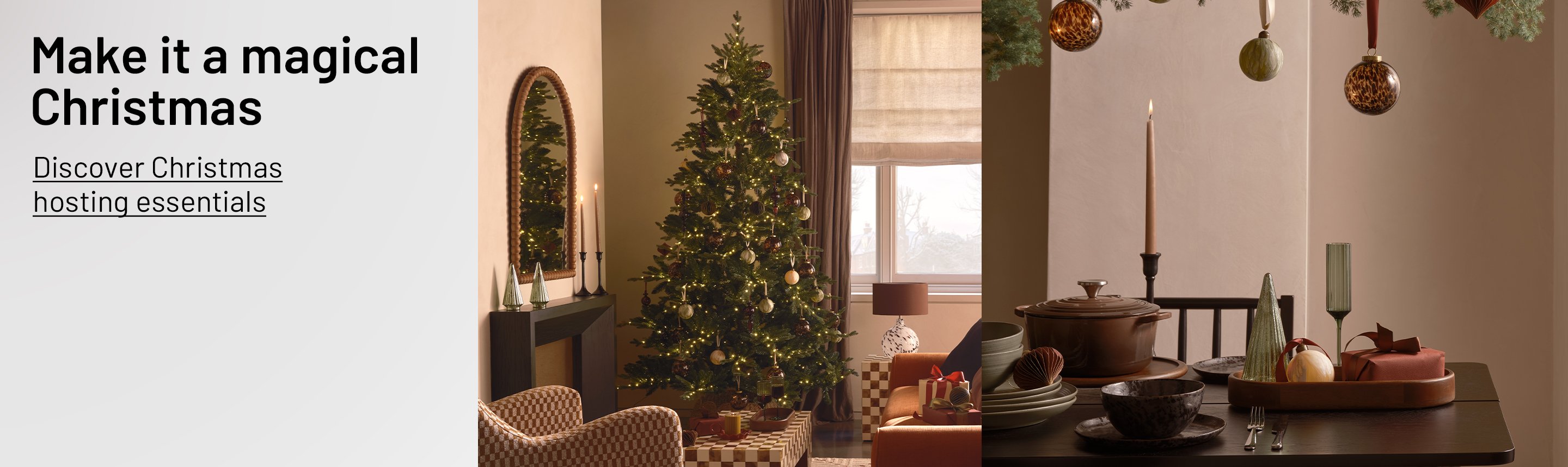 A split image of a Habitat wooden dining table decorated for a Christmas feast on one side and a living room with a Christmas tree on the other side.