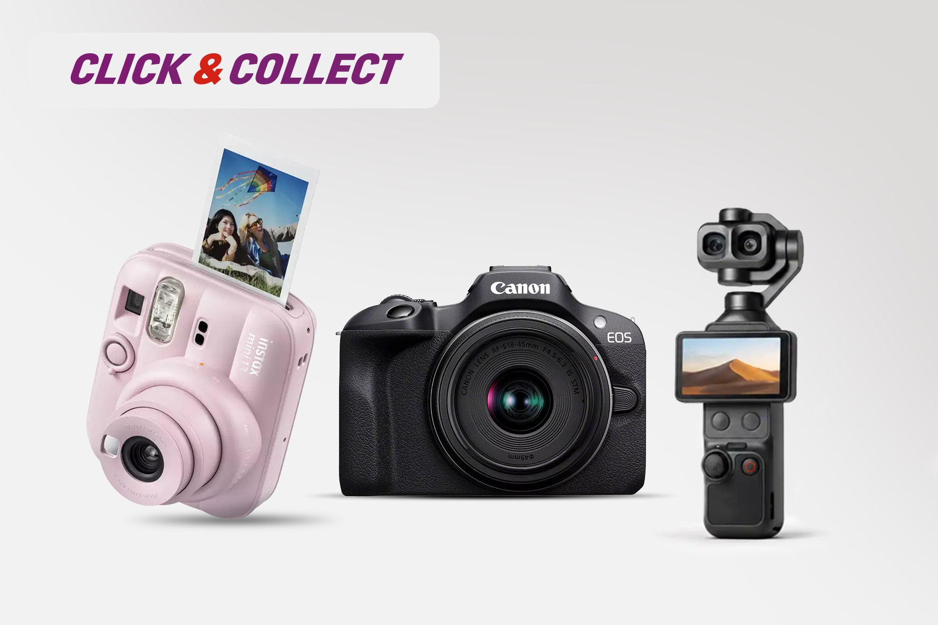 Click & Collect. Capture the moment. Explore cameras, content creation kits, drones, accessories & more.