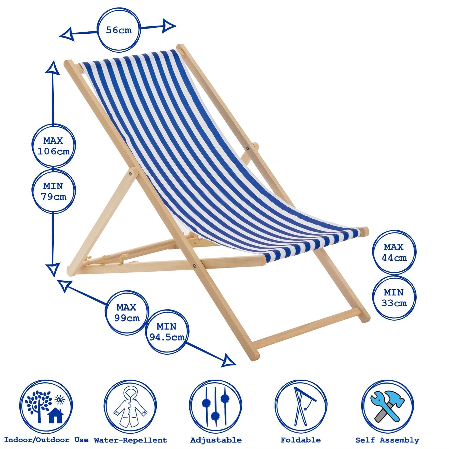 Harbour Housewares Folding Wooden Deck Chairs - Navy Stripe - Pack of 4 - Image 4