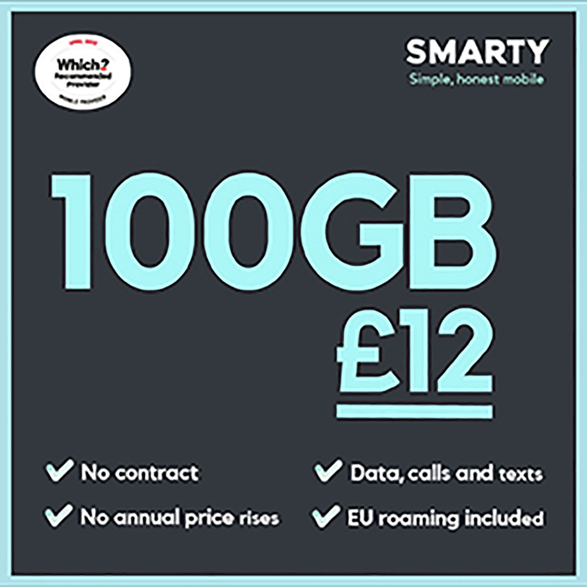 Smarty 100GB 30 Day Pay As You Go SIM Card