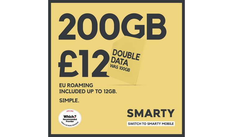 SMARTY 200GB 30 Day Pay As You Go SIM Card