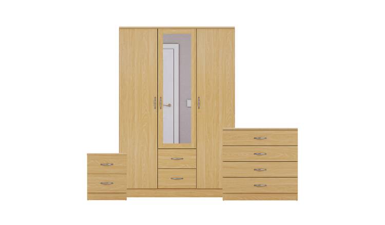 Vida Designs Riano Bedroom Set (Bedside, 4 Drawer Chest, Mirror Wardrobe) - Pine