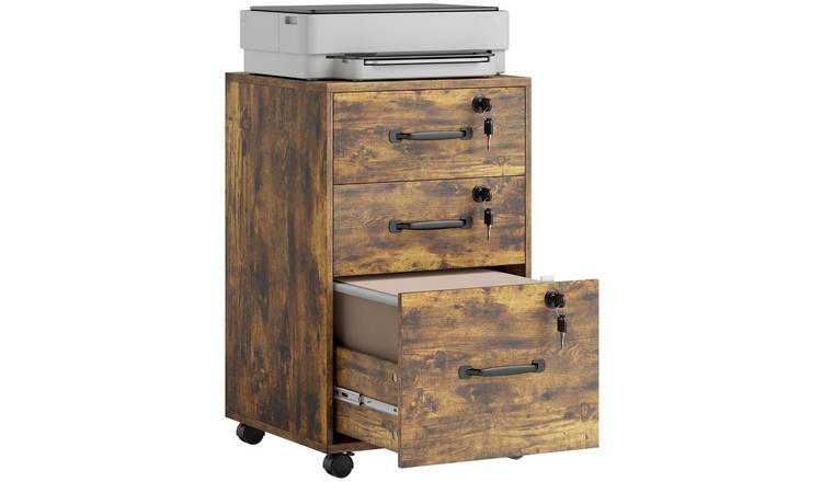 HOMCOM Filing Cabinet with 3 Drawers and Wheels for Home Office - Rustic Brown
