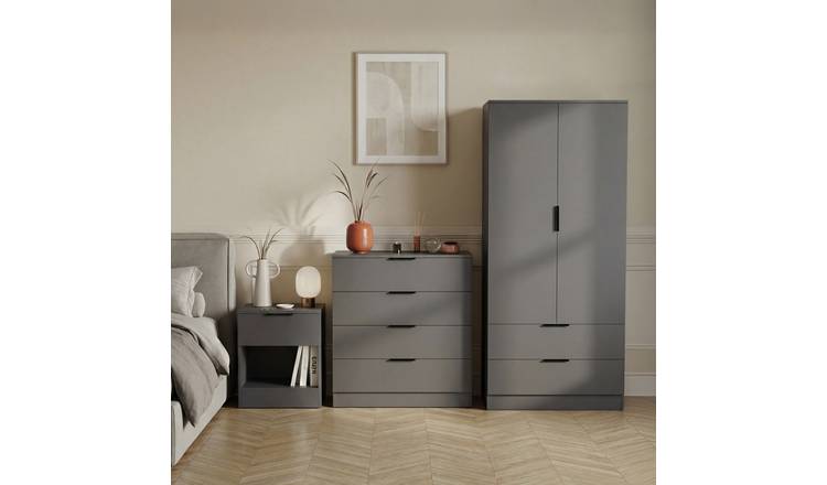 Vida Designs Trega Bedroom Set (Bedside, 4 Drawer Chest, 2x2 Wardrobe) - Grey