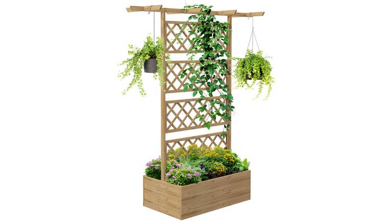 Outsunny Privacy Screen Wooden Planters with Trellis - Natural Wood