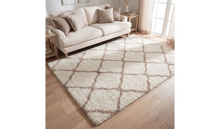 The Rugs  Cream and Beige Moroccan Shaggy Lattice Rug - 160 x 230cm