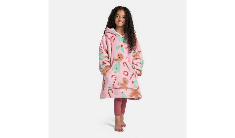 OHS Kids Gingerbread Man Print Hoodie Blanket - One Size - Blush