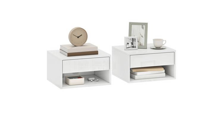 HOMCOM Set of 2 Floating Bedside Table with Drawer and Shelf - High Gloss White