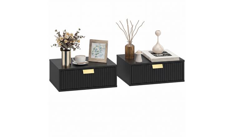 HOMCOM Set of 2 Modern Wall Mounted Bedside Table with Fluted Drawer - Black