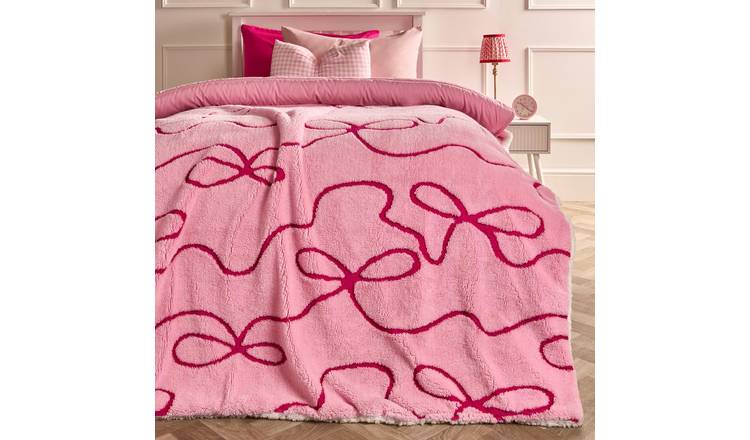 OHS Tufted Bow Fleece Blanket Throw 130 x 160cm - Pink