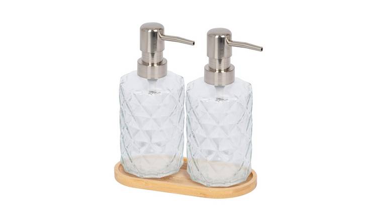 Harbour Housewares 2 Piece Prism Glass Soap Dispenser Set with Bamboo Tray