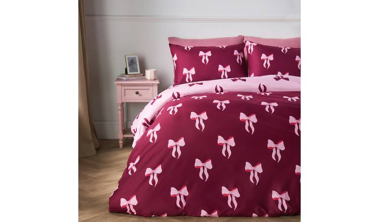 OHS Bows Microfibre Reversible Bedding Set Duvet Cover Set Burgundy - Double