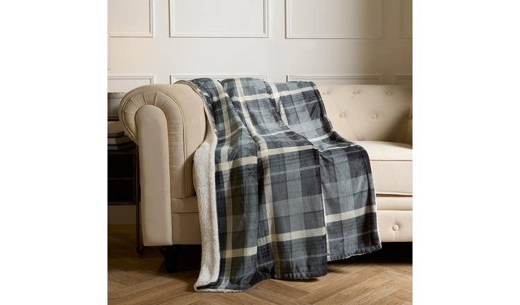 OHS Winsford Flannel Check Fleece Blanket Throw 130 x 160cm - Grey