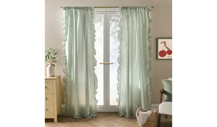 OHS Gingham Frill Voile Curtains 140 x 224cm - Sage