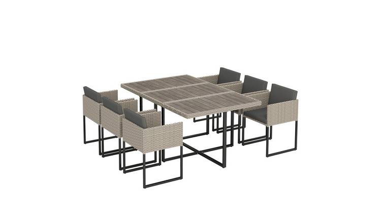 Outsunny 7 Piece Rattan Garden Dining Set with 12 Cushions - Light Grey