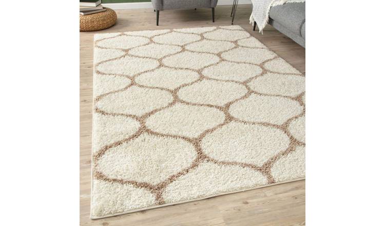 The Rugs  Cream and Beige Moroccan Shaggy Trellis Rug - 60 x 110cm