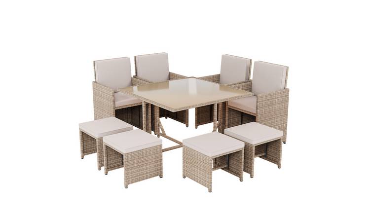 Garden Vida Cuba 8 Seater Rattan Dining Set with Cushions - Natural