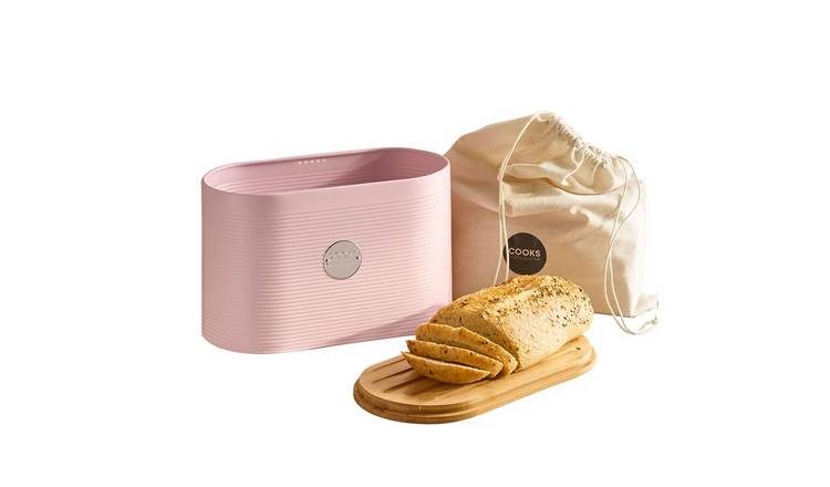 Cooks Professional Bread Bin, Linen Bag and Bamboo Board Set - Pink / Silver