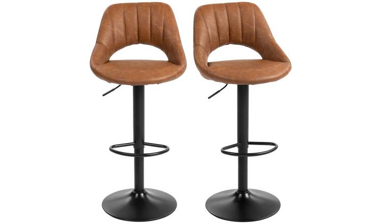 HOMCOM Set of 2 PU Leather Bar Stools with Adjustable Heigh and Footrest - Brown