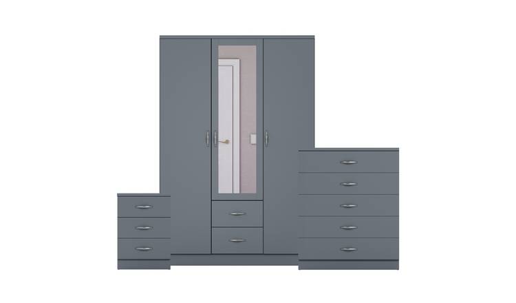 Vida Designs Riano Bedroom Set (Bedside, 5 Drawer Chest, Mirror Wardrobe) - Grey