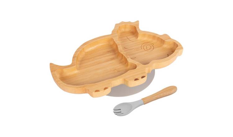 Tiny Dining Bamboo Dinosaur Baby Weaning Plate & Fork Set - Grey
