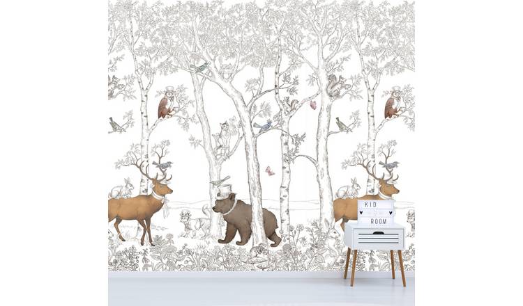 Grandeco Forest Animals 4 Lane Repeatable Wallpaper Nursery Mural  - Grey