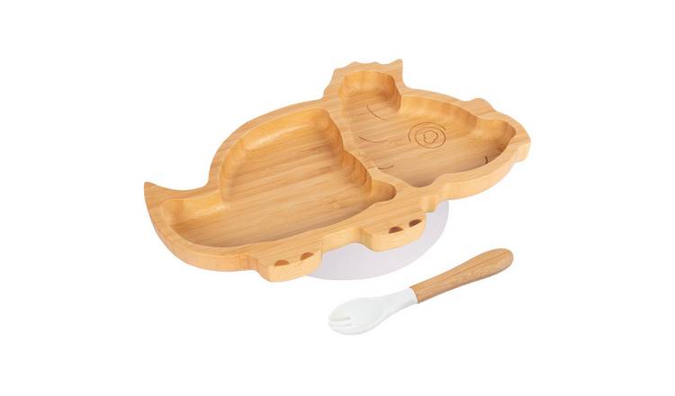 Tiny Dining Bamboo Dinosaur Baby Weaning Plate & Fork Set - White