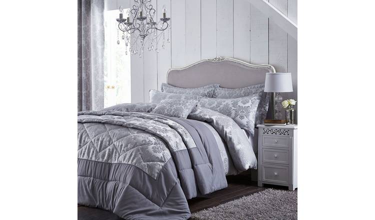 Catherine Lansfield Damask Jacquard Duvet Cover Set - Double - Silver Grey
