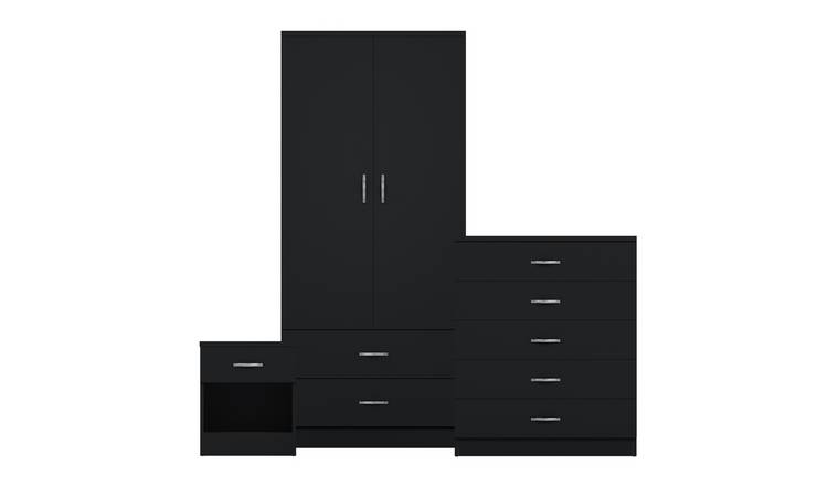 Vida Designs Riano Bedroom Set (Bedside, 5 Drawer Chest, 2x2 Wardrobe) - Black