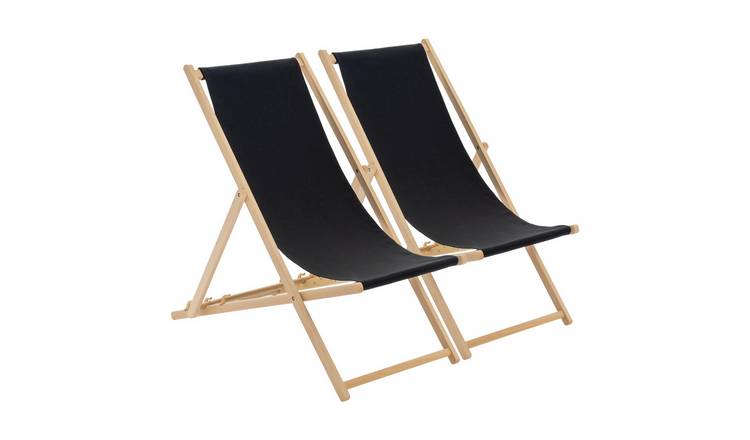 Harbour Housewares Folding Wooden Deck Chairs - Black - Pack of 2