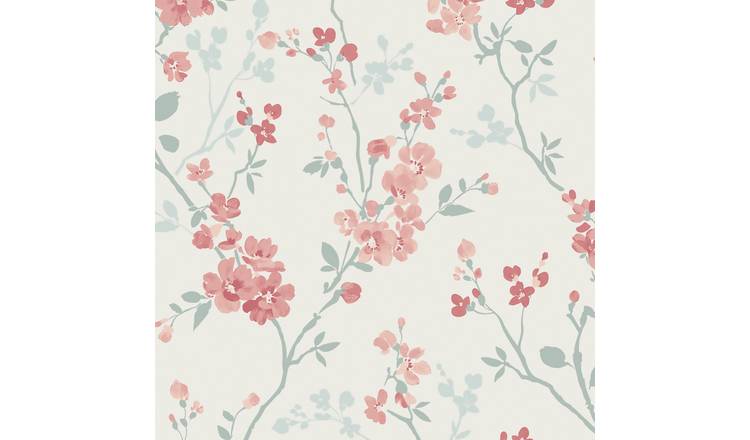 Grandeco Jasmin Floral Cherry Blossom Trail Blown Vinyl Wallpaper - White Pink