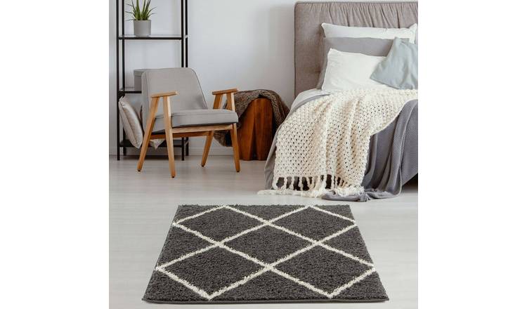 The Rugs Dark Grey Moroccan Diamond Shaggy Square Rug - 120 x 120cm