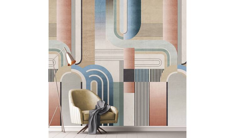 Grandeco Art-Deco Geometric Arch 4 Lane Repeatable Wallpaper Mural - Neutral