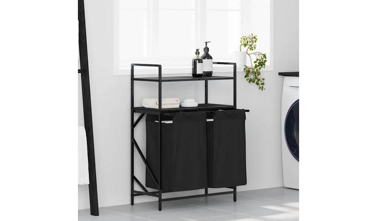 Walplus Laundry Basket 2 Compartments with Shelves - Black - 67 x 33 x 97 cm