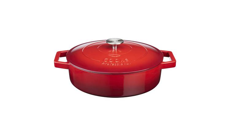 Cooks Professional 28cm Shallow Cast Iron Casserole Dish with Lid - Red