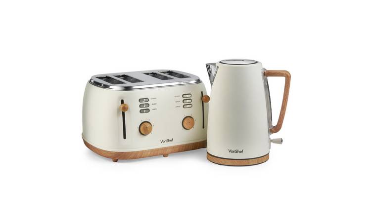 VonShef Fika 1.7L/4 Slice Kettle & Toaster Set - Cream & Wood