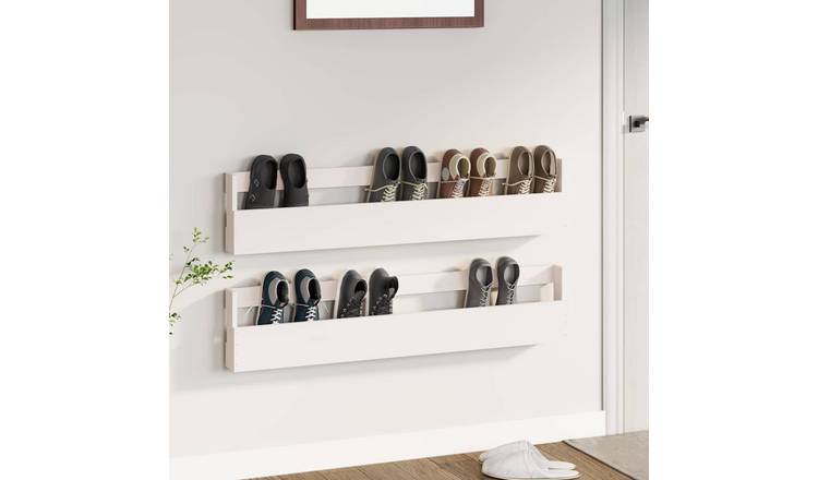 Walplus Pack of 2 Solid Wood Shoe Rack - White - 110 x 9 x 23 cm