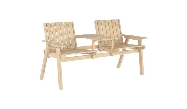Outsunny 2 Seater Wooden Loveseat with Table and Parasol Hole - Natural Wood