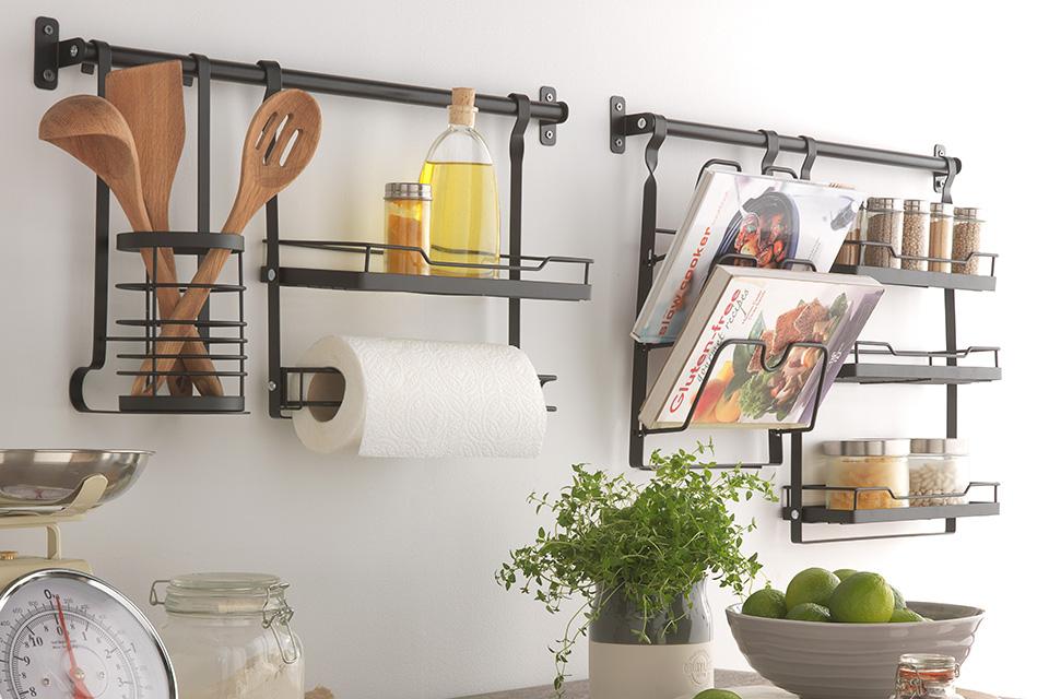 Kitchen wall storage shelves.