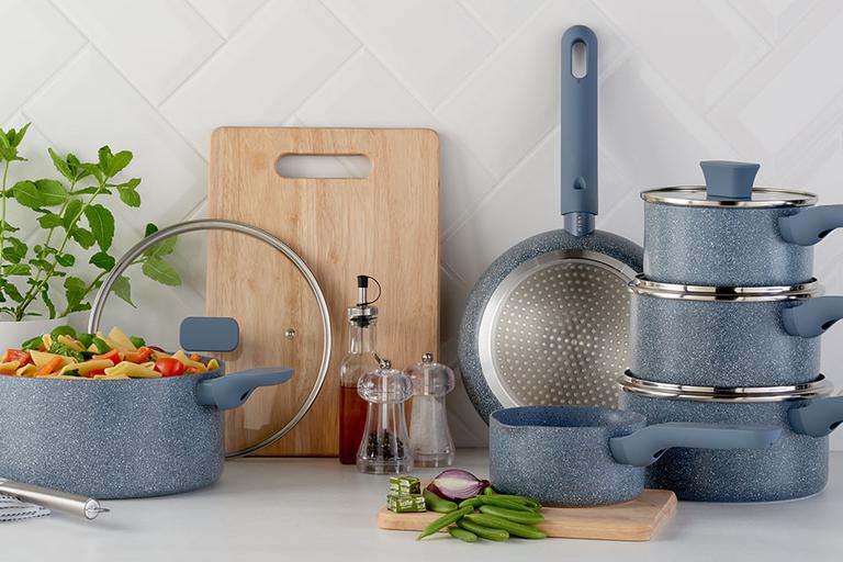 Image of a set of grey-blue pot and pan set.