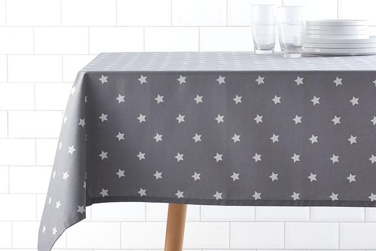 Image of a grey polka dot table cloth.