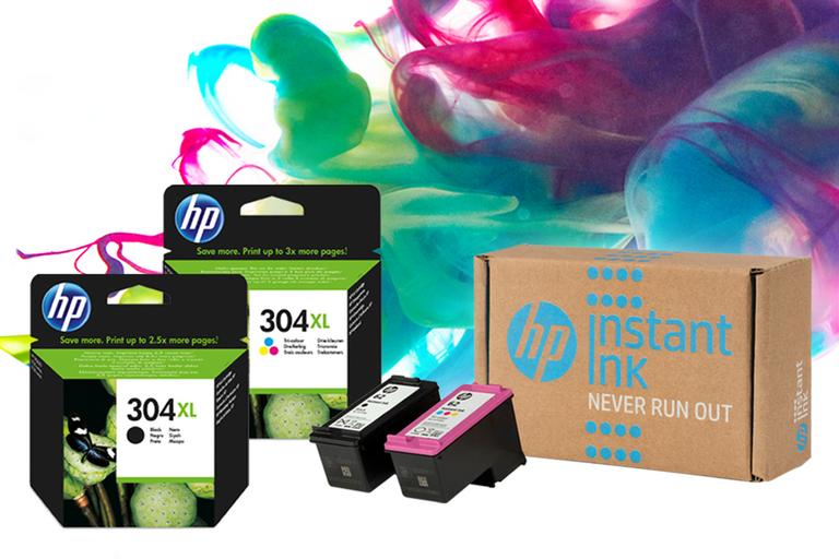 HP ink cartridges and HP Instant Ink box.